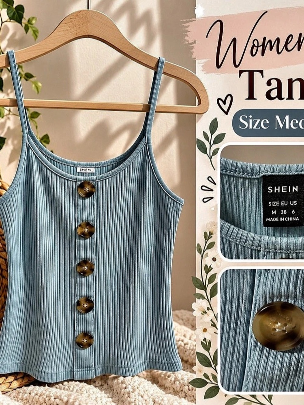 SHEIN Ribbed Button Front Tank Top Blue Medium